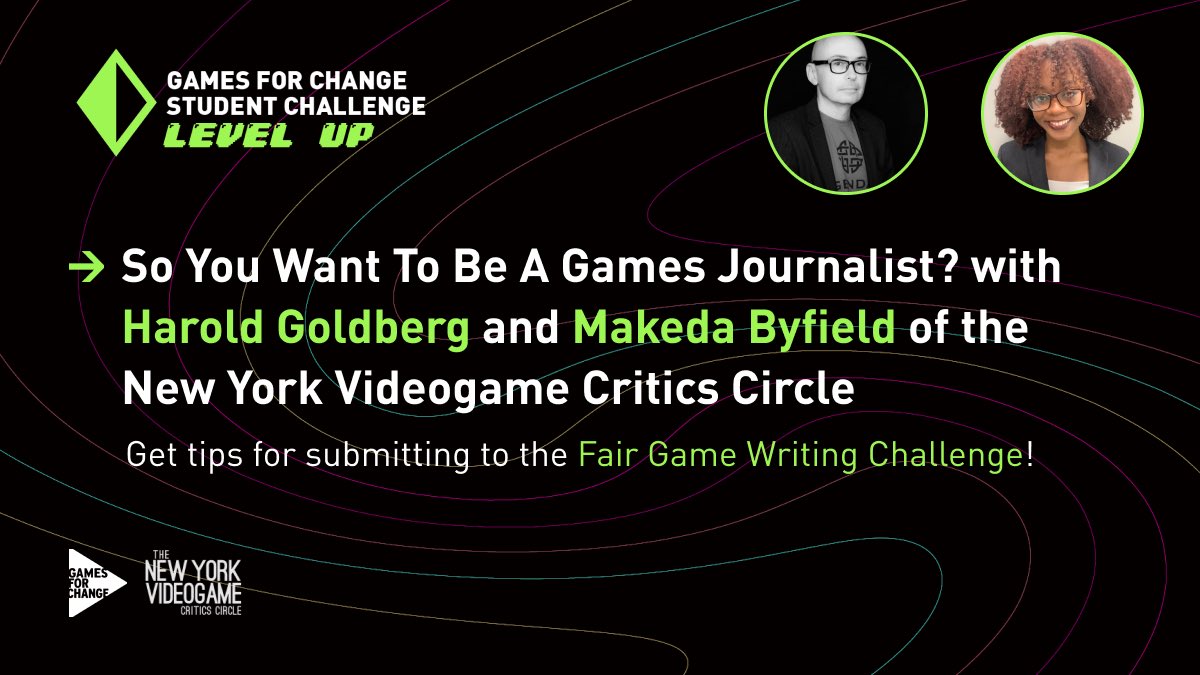 The final @G4C Student Challenge Level Up event is one week from today! Join G4C and guests Harold Goldberg and Makeda Byfield from @NYVGCC  next Wednesday for a talk on games journalism. Sign up and learn more here: bit.ly/G4C-LevelUp-3 

#G4CStudent #ETCLearnWithUs