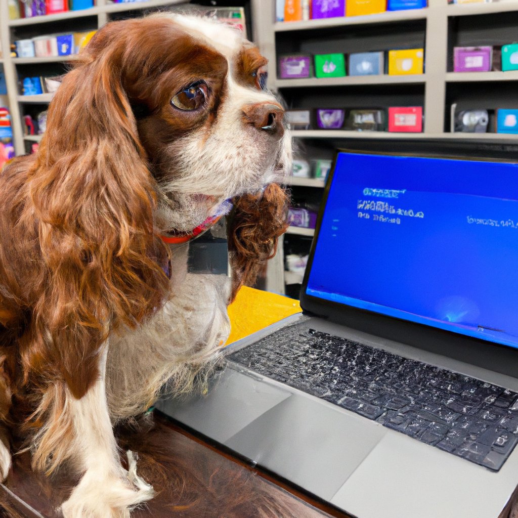 TechieDogs's tweet photo. Cavalier King Charles Spaniel dog progamming at Toy Store with a HP Elitebook. #TechieDogs https://t.co/y57Ow7C8kS