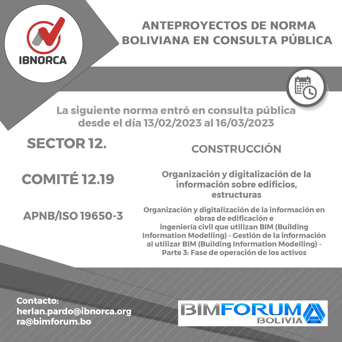 BimforumBo's tweet photo. @IBNORCA_Oficial somete a CONSULTA PÚBLICA el APNB/ISO 19650-3 - Gestión de la información al utilizar BIM (Building Information Modelling) - Parte 3: Fase de operación de los activos.
Responsable: herlan.pardo@ibnorca.org
#IBNORCAesISOenBolivia #bimforumbolivia https://t.co/7wtFaSYEid