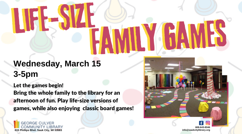SaukCityLib's tweet photo. Let the games begin! Bring the whole family to the library for life-size games on Wednesday, March 15 from 3-5pm. Play life-size versions of games, while also enjoying classic board games! https://t.co/Ox0ZyNPkN9