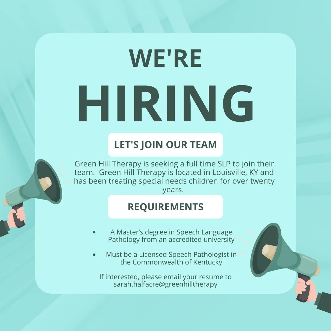 TheAHAInc's tweet photo. Have you checked out the AHA Inc Job Board lately? If not you might be missing your next best opportunity! 

Green Hill Therapy in KY is seeking a fulltime SLP to join their pediatric therapy clinic!

#Hippotherapy #TreatmentWithTheHelpOfTheHorse #LeadingTheWay https://t.co/4x944Kaoes