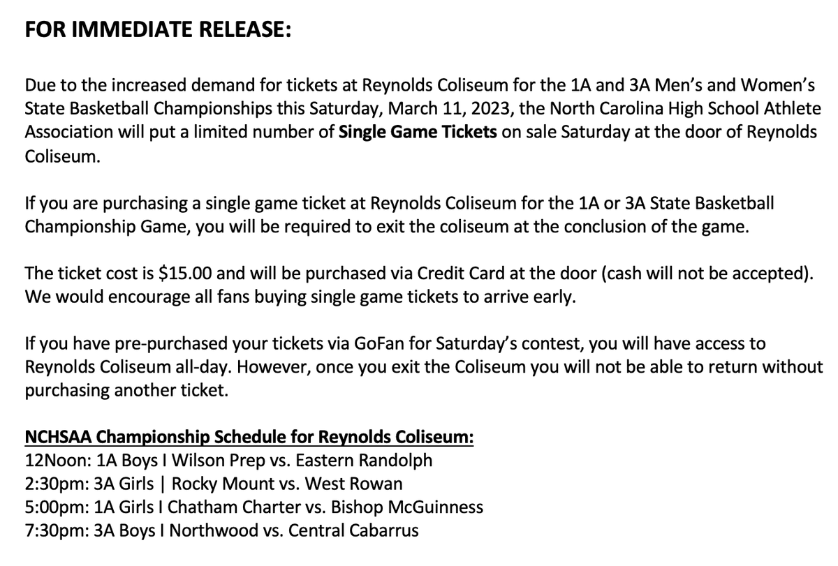 NCHSAA's tweet photo. 🚨Updated: 1A and 3A NCHSAA Basketball State Championship Ticket Information Below🚨

https://t.co/BmCwVopVm1 https://t.co/7oKNV7tStx