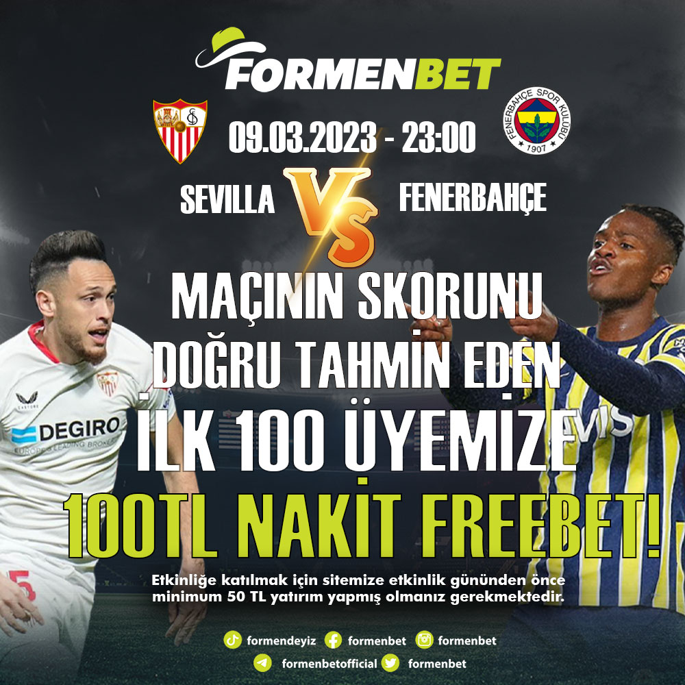 FormenBet's tweet image. ⚽️ SEVILLA - FENERBAHÇE Karşılaşmasında Doğru Skoru Tahmin eden ilk 100 üyemize TAM 100 FREEBET! 
 
•Formenbet kullanıcı adın ile skoru yoruma yaz! 
•Tweeti RT yap! 
•3 Arkadaşını Etiketle! 
•"formenbet" hashtag yap!
#SevillaFC #Fenerbahce #UEFAEuropaLeague