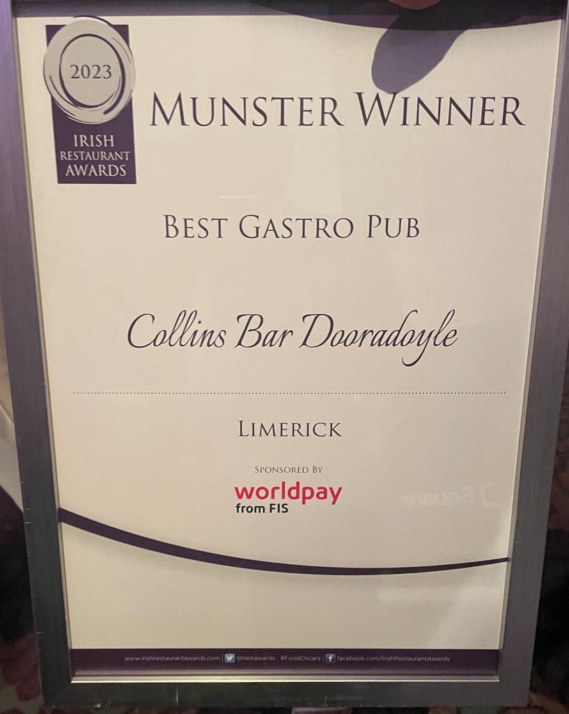 YES!!! Collins Bar Dooradoyle has won The Irish Restaurant Awards Best Gastro Pub in Munster 2023 at tonights awards ceremony in The Strand Hotel!!  #irishrestaurantawards2023 #bestgastropub #regionalwinner #amazing #hardworkingstaff #thankyou #thankyouforyoursupport #foodoscars