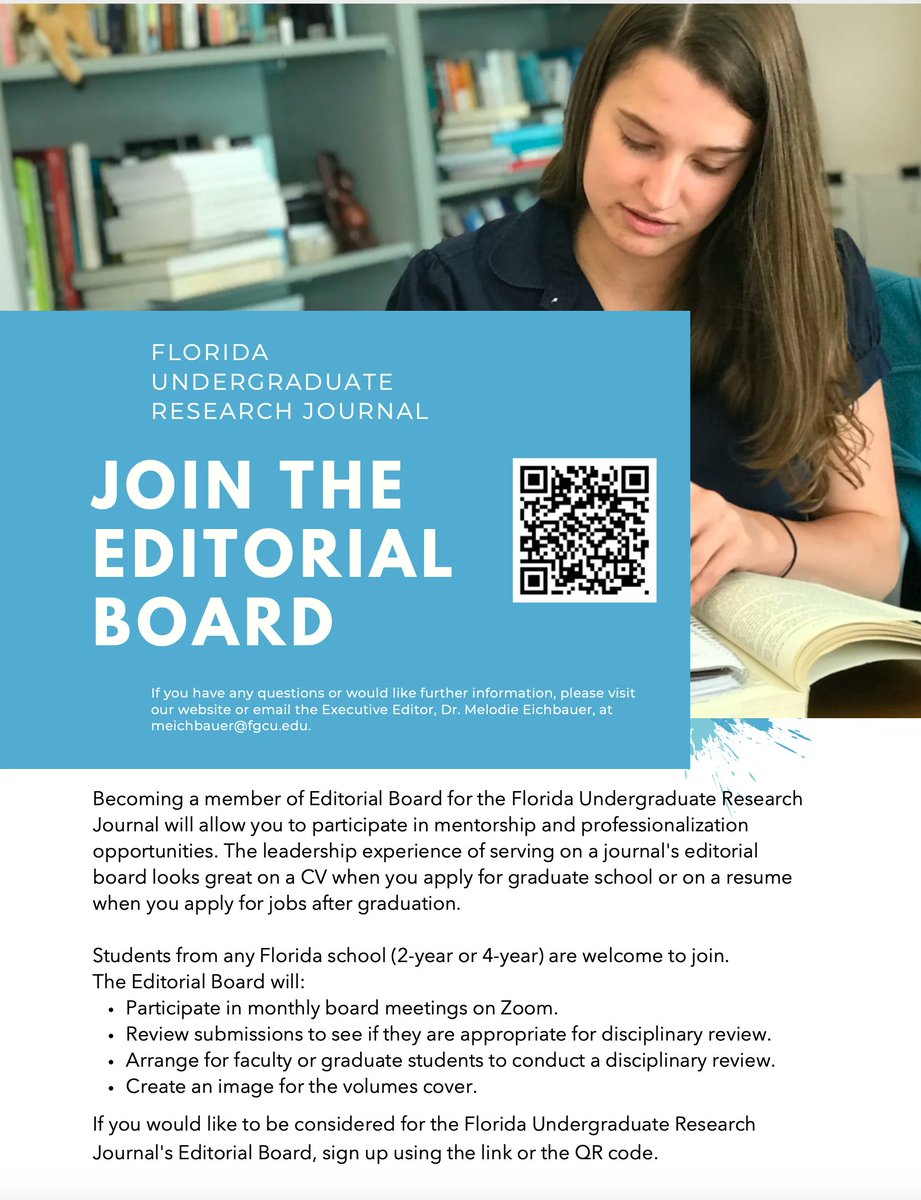 FL_UndergradRes's tweet photo. FURJ is accepting applications for the Vol. 3 Editorial Board! Applications will be accepted through the end of April and the new Board will be announced the first week of May.

If you have any questions, please reach out to meichbauer@fgcu.edu. https://t.co/EL2dPXupz0