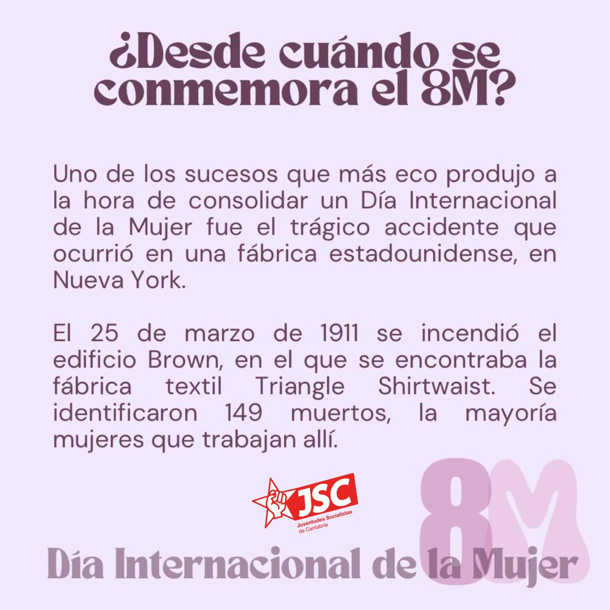 JSCantabria's tweet photo. 🟣Día Internacional de la Mujer.
🟣Lo celebramos hoy porque unas valientes nos abrieron camino. 
🟣Seguimos conquistando derechos. Aún queda mucho para alcanzar la plena igualdad, y en ello estamos. https://t.co/ffBCdB1KbU