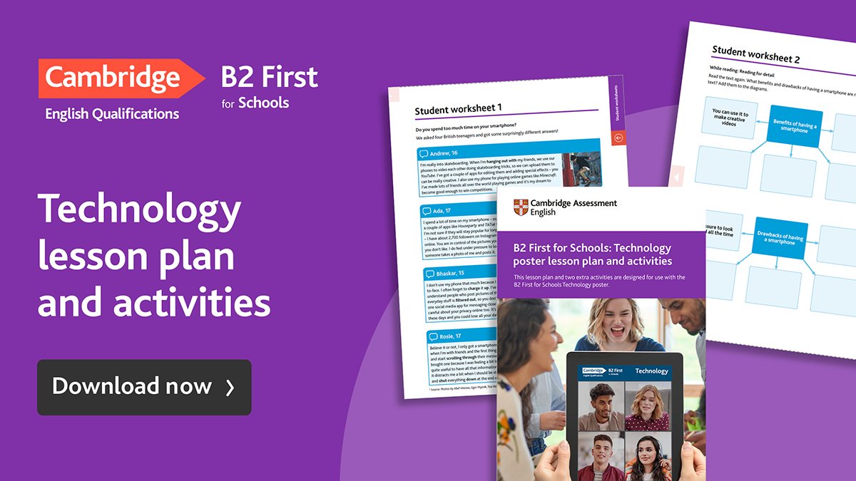 CambridgeEng's tweet photo. Engage your students on the topic of technology with this B2 First for Schools poster lesson plan!
https://t.co/MVr0omy9aR
#Cambridge #B2First #B2FirstForSchools #LessonPlan #Technology #Vocabulary https://t.co/nk2ZQaV6qL