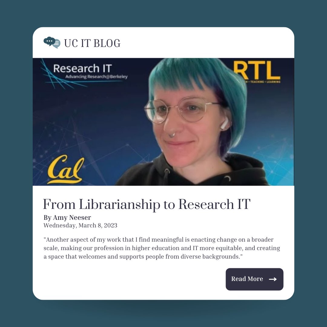 uctechnews's tweet photo. Happy International Women’s Day! In a 10-min interview, @UCBerkeley Research IT Consulting and Outreach Lead, Amy Neeser discusses driving change towards equity in higher ed &amp; IT, promoting diversity through outreach &amp; events, and advancing research.  https://t.co/PHSubZQAkN https://t.co/aVZnkVKIXb