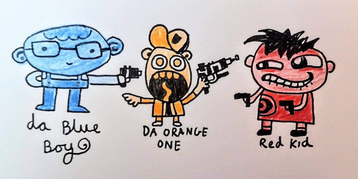 MoiraMillman's tweet photo. @The_Big_Draw @andymcnally 
Thanks for the fun workshop tonight. I watched with my son age 11 and here are his fun characters. He's obsessed with drawing ✏️🔻◾🔵
#andymcnally #bigdraw https://t.co/Reb4wsyCav