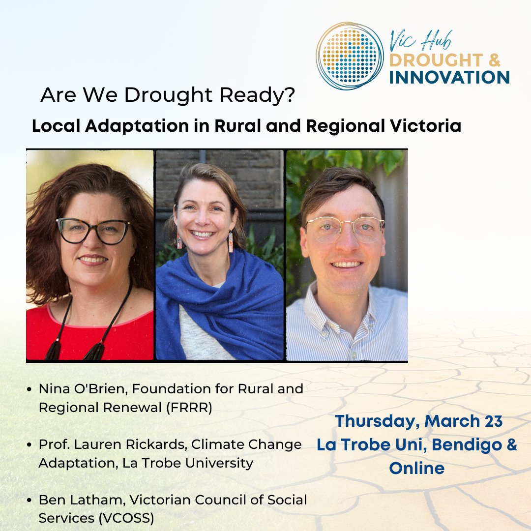 If climate adaptation is not done right, it can lead to maladaptation. We need to plan for a hotter, drier environment - so how do we make sure all voices are considered? Free @VicHub_Drought event ONLINE or in Bendigo @VCOSS @FRRR_Oz @LaurenARickards vicdroughthub.org.au/news-events/ev…