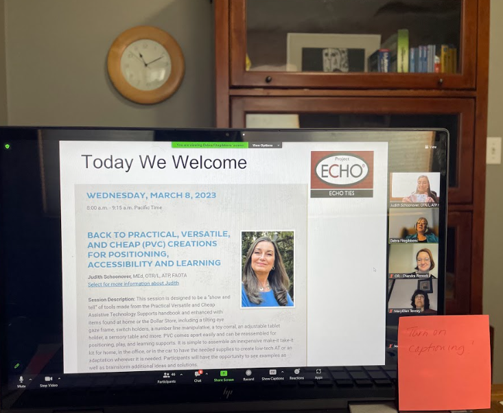 JudithSchoonov3's tweet photo. Had a wonderful time presenting workshop titled Back to Practical, Versatile, and Cheap (PVC) Creations for Positioning, Accessibility, and Learning for ECHO-TIES group in Oregon, See sticky note reminder corner of screen to turn on CC? Went well until Internet went :-) #DIYAT https://t.co/3e2yBBFxiv