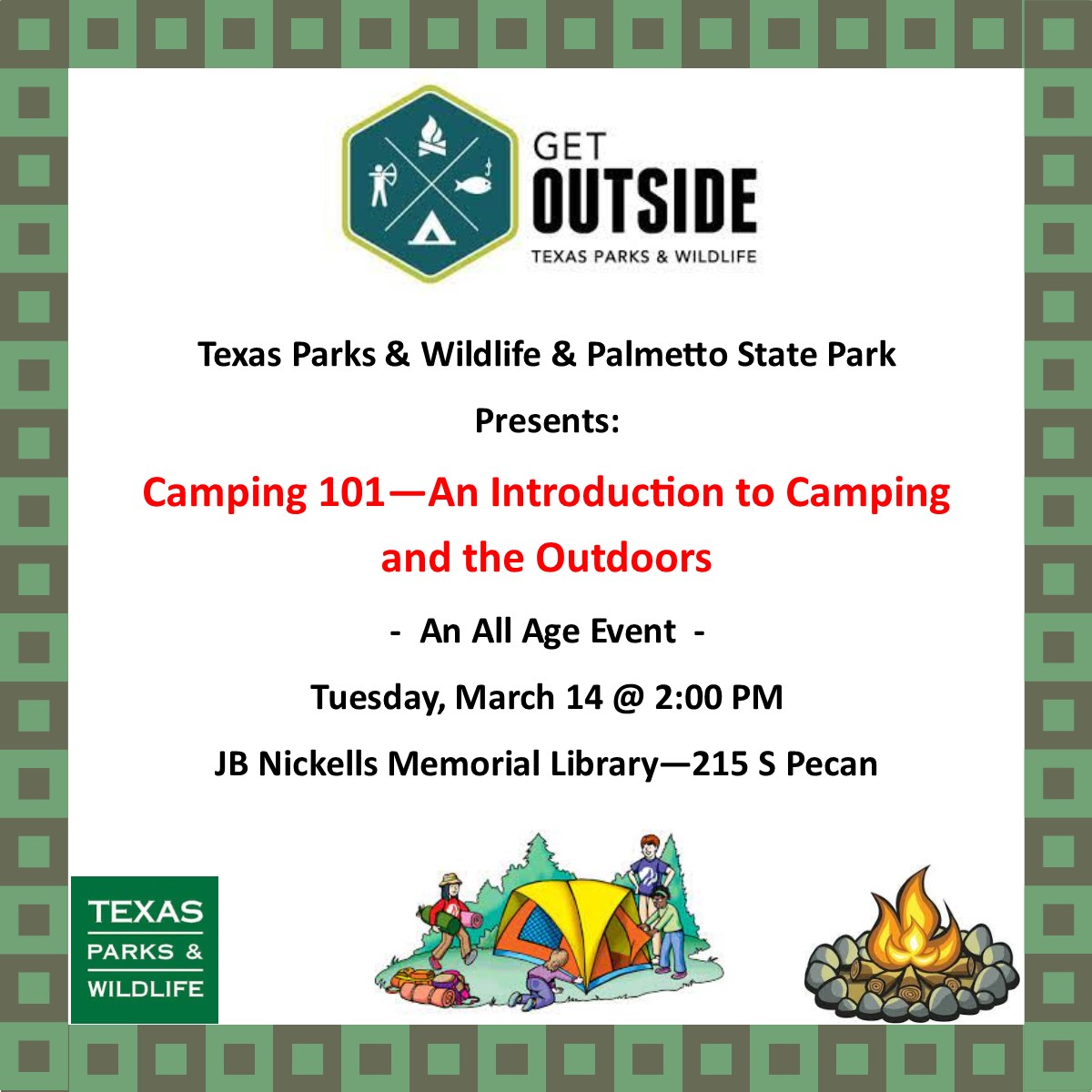 ImaLulingReader's tweet image. Need something to do over Spring Break? The Park Interpreter from nearby Palmetto State Park will present a workshop on the 10 essentials you need when hiking/camping and the 7 leave no trace principles of camping and visiting the outdoors.