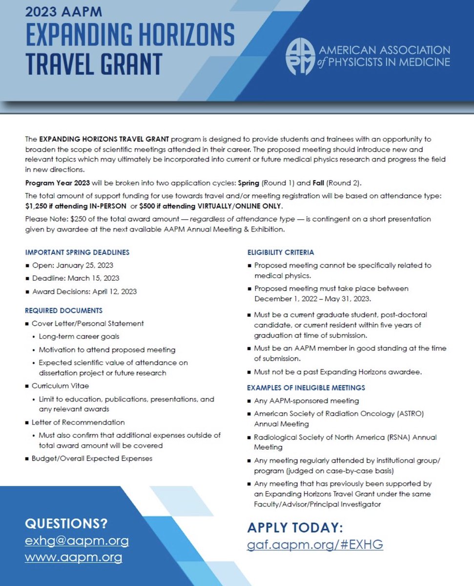 Peter Jermain, PhD (@peter_jermain) on Twitter photo The 2023 Expanding Horizons Travel Grant Round 1 deadline is in 1 week (Mar 15)! This grant encourages innovation in #MedPhys research by providing funding for students & trainees to attend a broad range of scientific meetings. <a href="/aapmHQ/">American Association of Physicists in Medicine</a> <a href="/aapmWGSTR/">AAPM WGSTR</a> The 2023 Expanding Horizons Travel Grant Round 1 deadline is in 1 week (Mar 15)! This grant encourages innovation in #MedPhys research by providing funding for students & trainees to attend a broad range of scientific meetings. <a href="/aapmHQ/">American Association of Physicists in Medicine</a> <a href="/aapmWGSTR/">AAPM WGSTR</a>