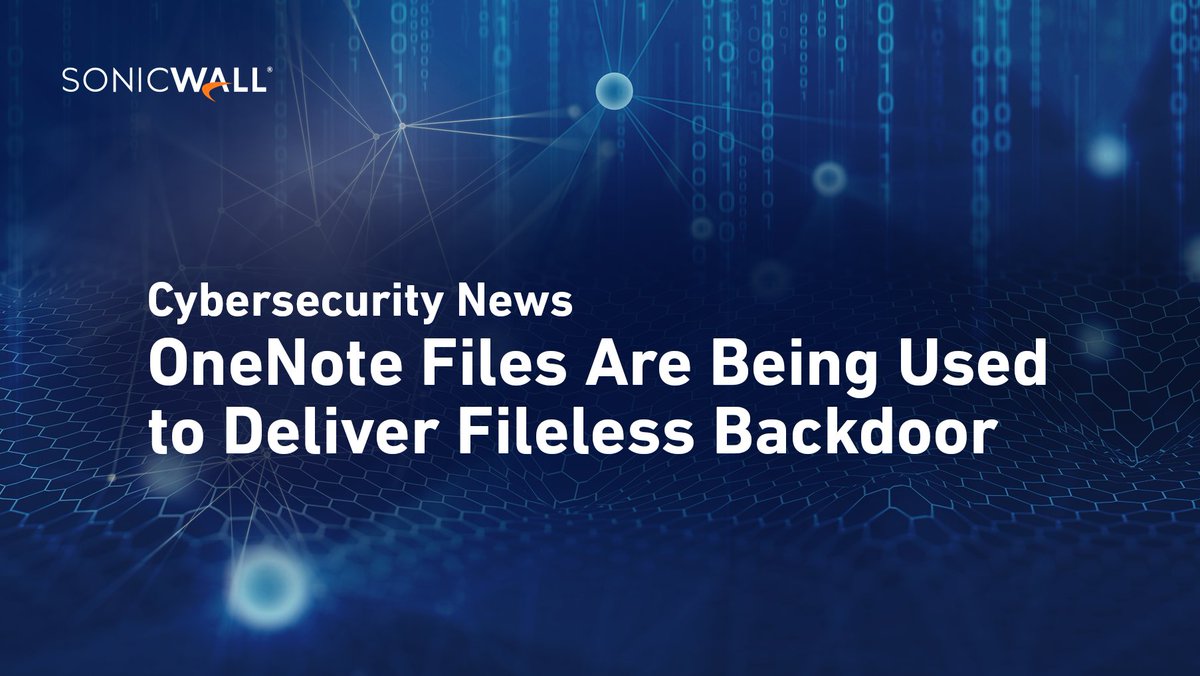SonicWallAlerts's tweet photo. SonicWall Capture ATP with Real-Time Deep Memory Inspection (#RTDMI) protects customers against malicious #Microsoft OneNote Files that are being used to deliver a fileless backdoor. Learn more here: https://t.co/h4pyECnqbc #SonicAlert https://t.co/vcXABbLOku