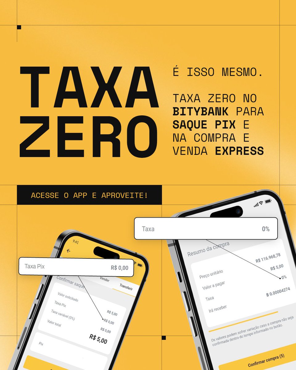 As novidades aqui na Bity
não param.

Agora você tem TAXA 0, para compra e venda express, e no saque pix no aplicativo Bitybank.

E essa é só uma das novidades que estamos trazendo para vocês, logo tem mais.

Curtiu ? Vem pro lado Bitylover da força 💛