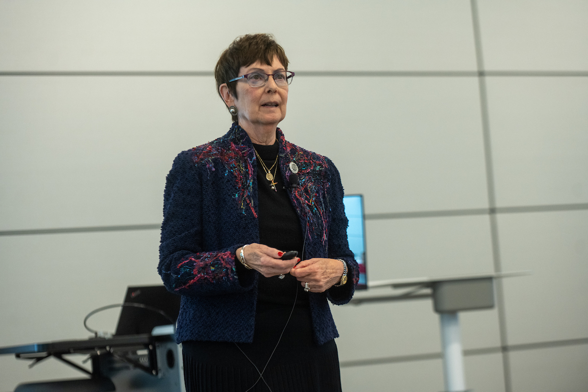 OUHCOM's tweet photo. It was a pleasure to host Karen Nichols, D.O., the first female president of @AOAforDOs & @acoi_org and current chair of @acgme board of directors. The former med school dean gave valuable advice to #HCOM faculty, staff and students about women and leadership. @karenjnichols https://t.co/hZThgPyRIp