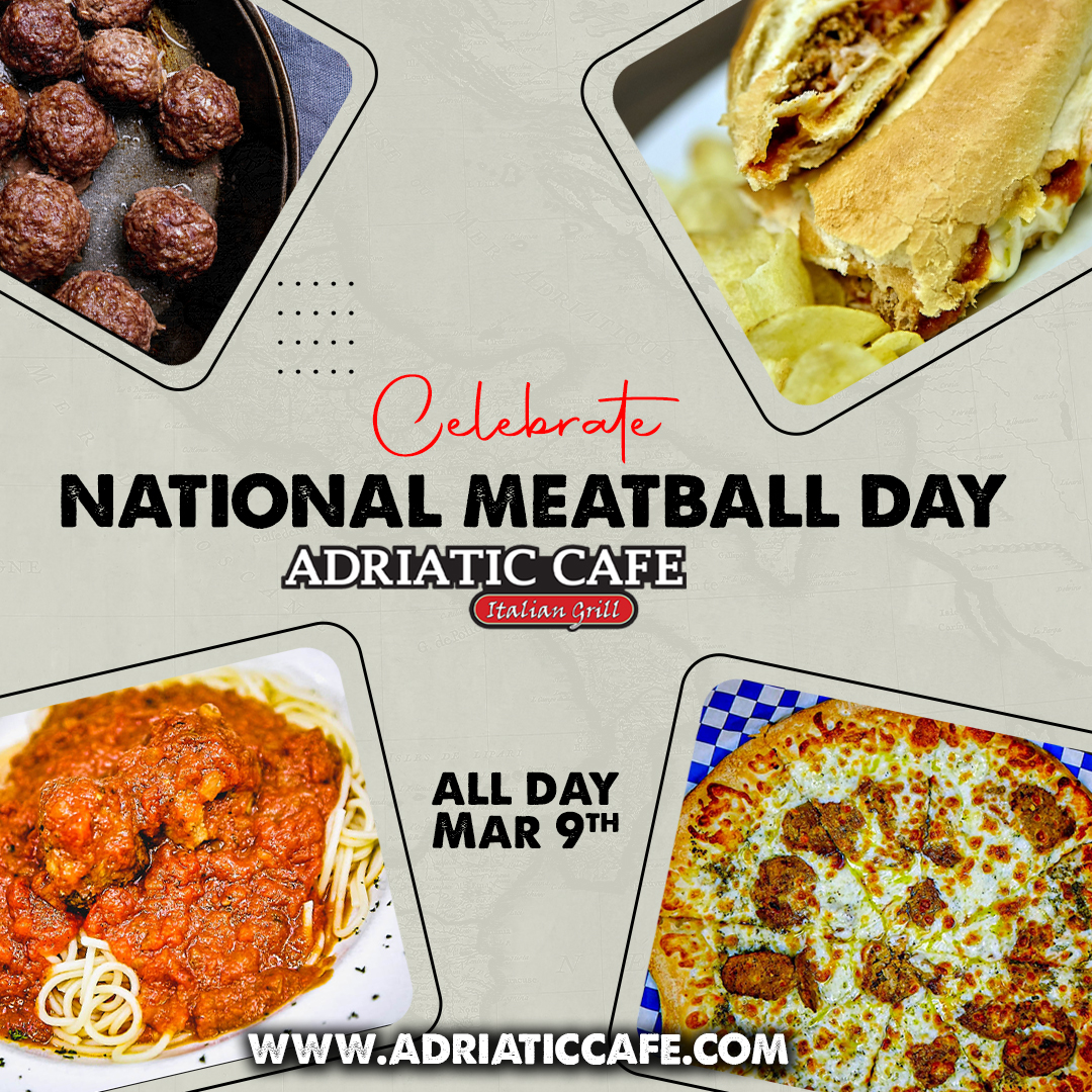 Tomorrow is National Meatball Day! 🍝

Come join us with friends and create a spread of some of our best meatball dishes. 🇮🇹

▶️Order of Meatballs w/Marinara
▶️Our Lunch Fave: Meatball Sub
▶️Classic Spaghetti &amp; Meatballs
▶️Gourmet Meatball Pizza

AdriaticCafe.com 🖥️