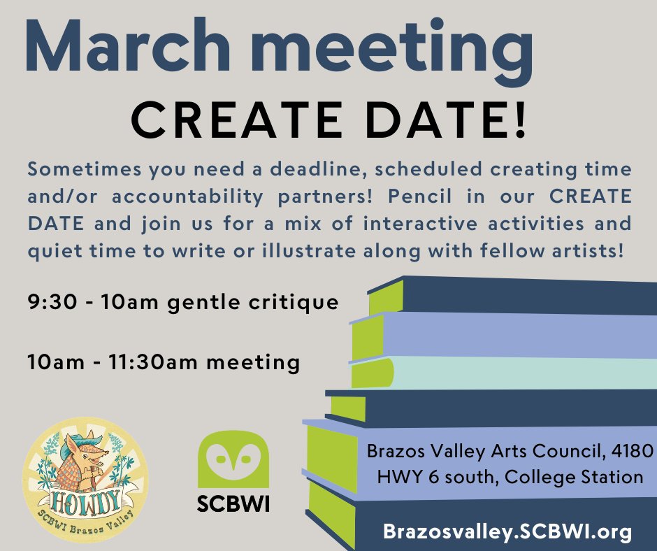 SCBWIBrazos's tweet photo. Spring has sprung! Come renew your motivation, be inspired, or just vibe with your fellow creators on March 29th. We'll have some critique time, creative activites, and some work time to help get you going. https://t.co/9qMfG5tdp1