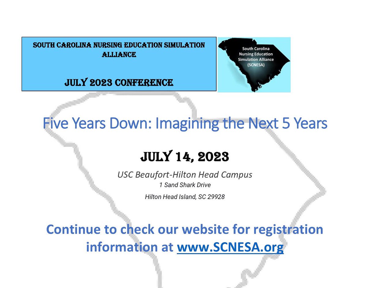 scnesa's tweet photo. ATTENTION! The abstract submission deadline has been extended to March 30. SCNESA will host the July conference at the USC Beaufort-Hilton Head Campus on Friday, July 14, 2023. Start your submissions today!
https://t.co/dVzjGx8MjX #scnesa #summercon #nursingsim https://t.co/VcZ2jdAAtp