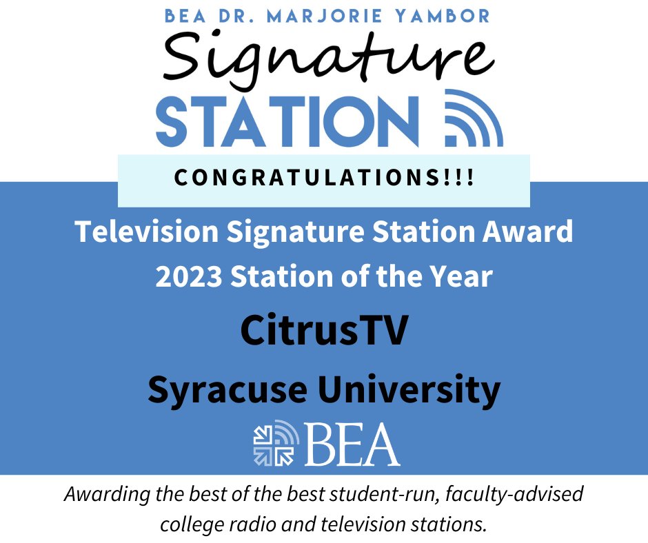 Meet your 2023 BEA Television Signature Station of the Year!  Congratulations, <a href="/CitrusTV/">CitrusTV</a> <a href="/SyracuseU/">Syracuse University</a>, on being the best BEA student station of the year. beaweb.org/wp/14019-2/