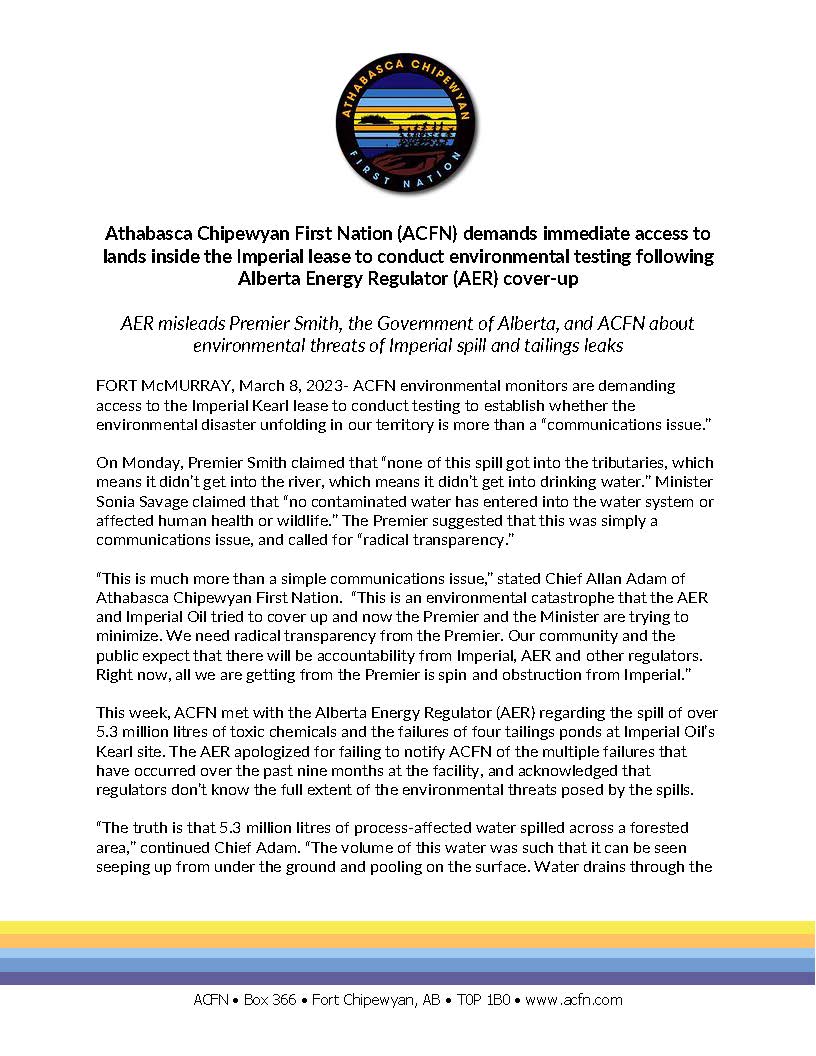 ACFN_KaiTaile's tweet photo. STATEMENT: ACFN demands immediate access to lands inside the Imperial lease to conduct environmental testing following Alberta Energy Regulator (AER) cover-up. #adpoli #ableg #cdnpoli #Kearl #yeg #yyc https://t.co/c7hAy5u9O3