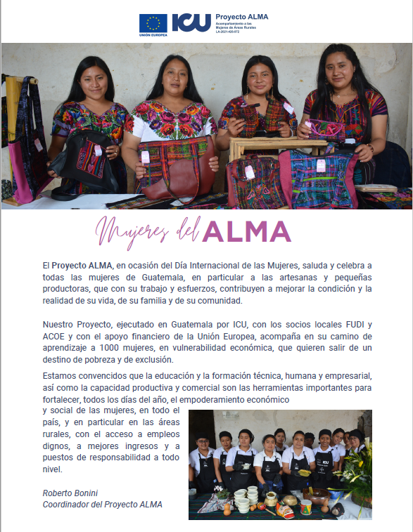UEGuatemala's tweet photo. Con el #ProyectoALMA, ejecutado por el Instituto para la Cooperación Universitaria ICU de Italia y financiado por la UE🇪🇺, reconocemos el valor que tiene la mujer en los ámbitos familiar, comunitario y sobre todo su empoderamiento para darle un empuje a la economía del país. #8M https://t.co/nsTFjRFyiS