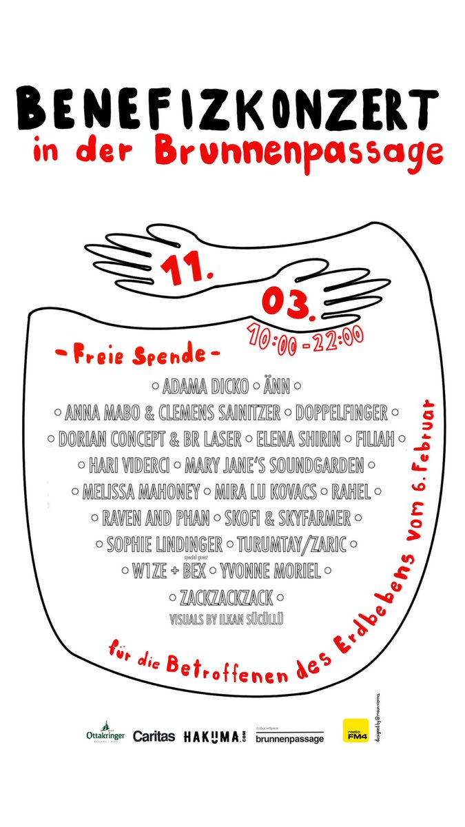Buena Anda | Doublesieger (@buenaanda) on Twitter photo Nächsten Samstag - Benefizkonzertmarathon für die Erdbebenopfer vom 6. Februar. Organisiert von FRIENDZ WITH BENEFIZ in der Brunnenpassage am Yppenplatz in Wien. Eintritt: freiwillige Spende (geht an <a href="/CaritasAustria/">Caritas Österreich</a>)
Bring your friends & your money 😊 Nächsten Samstag - Benefizkonzertmarathon für die Erdbebenopfer vom 6. Februar. Organisiert von FRIENDZ WITH BENEFIZ in der Brunnenpassage am Yppenplatz in Wien. Eintritt: freiwillige Spende (geht an <a href="/CaritasAustria/">Caritas Österreich</a>)
Bring your friends & your money 😊