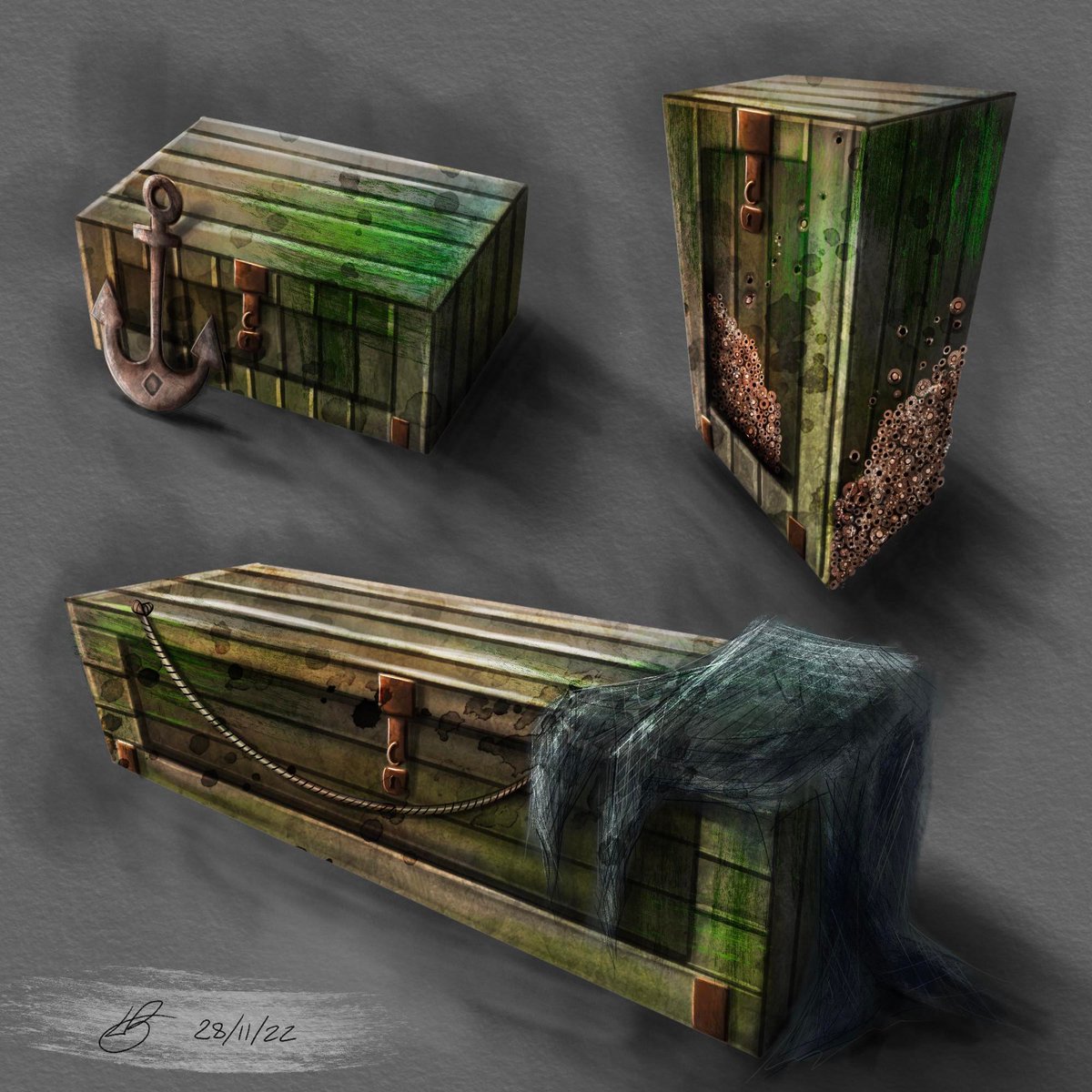 My nautical themed box concept art! Take a moment when gaming to appreciate boxes. Someone designed them! #conceptart #propdesign #boxes #nautical #seaside #2dart #breakableitems #propart #artoftheday #conceptoftheday #seavibes #barnacles #artlover #conceptartwork #conceptsketch