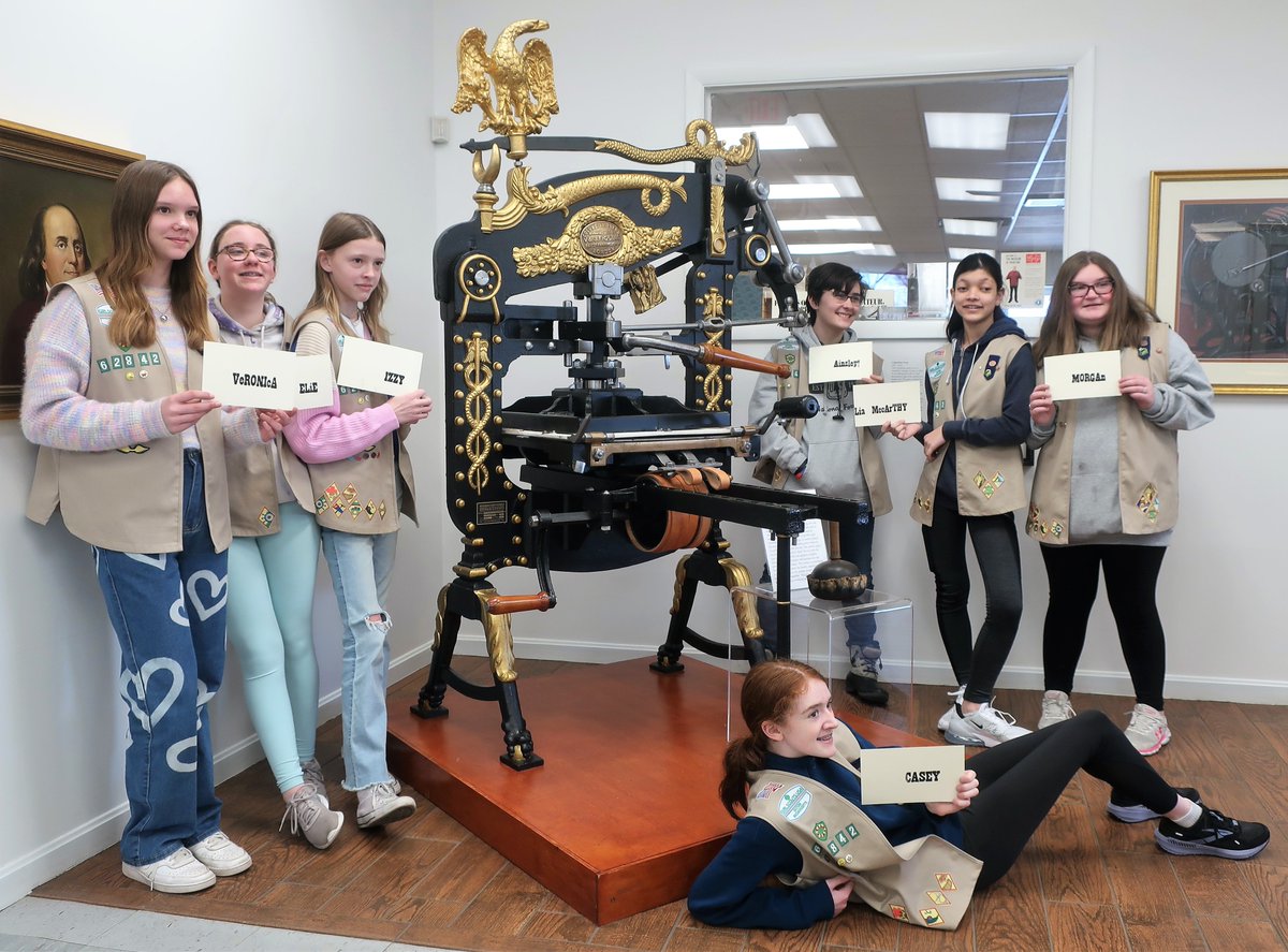 MOPrinting's tweet photo. Recent visitors to the Museum of Printing, this Massachusetts Girl Scout troop set type with our Ludlow and were able to print on two of our presses including our Columbian Press shown here. https://t.co/ybSbGYp9nl
