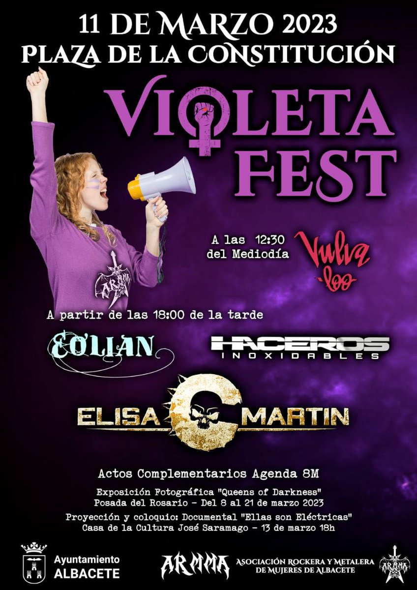 Guardianes Del Metal (@metalguardianes) on Twitter photo ⚡Concierto ⚡
El Violeta Fest se celebrará el próximo sábado 11 de Marzo en la plaza de la Constitución de Albacete, bandas invitadas #Vulvaloo + #Eolian + #HacerosInoxidables + <a href="/_elisacmartin_/">Elisa C.Martin</a> presentando su álbum debut "Nothing Without Pain"
Evento gratuito!!! ⚡Concierto ⚡
El Violeta Fest se celebrará el próximo sábado 11 de Marzo en la plaza de la Constitución de Albacete, bandas invitadas #Vulvaloo + #Eolian + #HacerosInoxidables + <a href="/_elisacmartin_/">Elisa C.Martin</a> presentando su álbum debut "Nothing Without Pain"
Evento gratuito!!!
