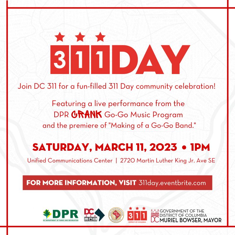 311DCgov's tweet photo. March 11 is #National311Day! Join us this Saturday to celebrate.

📅 Saturday, March 11
⏰ 1PM
📍 2720 Martin Luther King Jr. Ave SE

RSVP ➡️ https://t.co/opQA42AqiA https://t.co/XqtKt7aB5d
