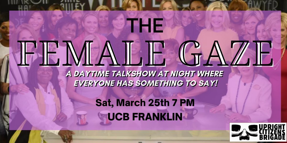 The Female Gaze (@femalegazeshow) on Twitter photo The FEMALE GAZE is coming WEST! Join us <a href="/ucbtla/">UCB Theatre LA</a> on SAT MARCH 25th 7 PM for a night of hot takes, hot news, and over a dozen veteran improviser/comedian co-hosts who all have SOMETHING TO SAY!
TIXXXXXX:
ucbcomedy.com/show/the-femal… The FEMALE GAZE is coming WEST! Join us <a href="/ucbtla/">UCB Theatre LA</a> on SAT MARCH 25th 7 PM for a night of hot takes, hot news, and over a dozen veteran improviser/comedian co-hosts who all have SOMETHING TO SAY!
TIXXXXXX:
ucbcomedy.com/show/the-femal…