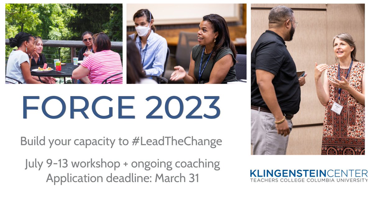 Apply today for FORGE '23! Join an incredible community of #indyschool leaders who are #BuildingCapacity for #ChangeLeadership. Summer workshop 7/9-7/13 and #coaching and peer #mentoring through the school year.  
App deadline: March 31
Learn more: klingensteincenter.org/FORGE