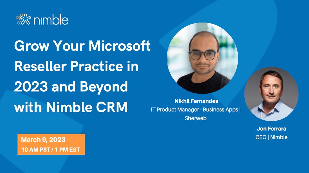 NimblePartner's tweet image. ❗ Last Chance! ❗

Sign up for our webinar with Nikhil Fernandes and Nimble CEO @Jon_Ferrara to learn how to digitally transform your reseller practice by bundling Nimble with Microsoft 365 and increasing revenues. 🎉 📈 

Register: buff.ly/2x0VFUq