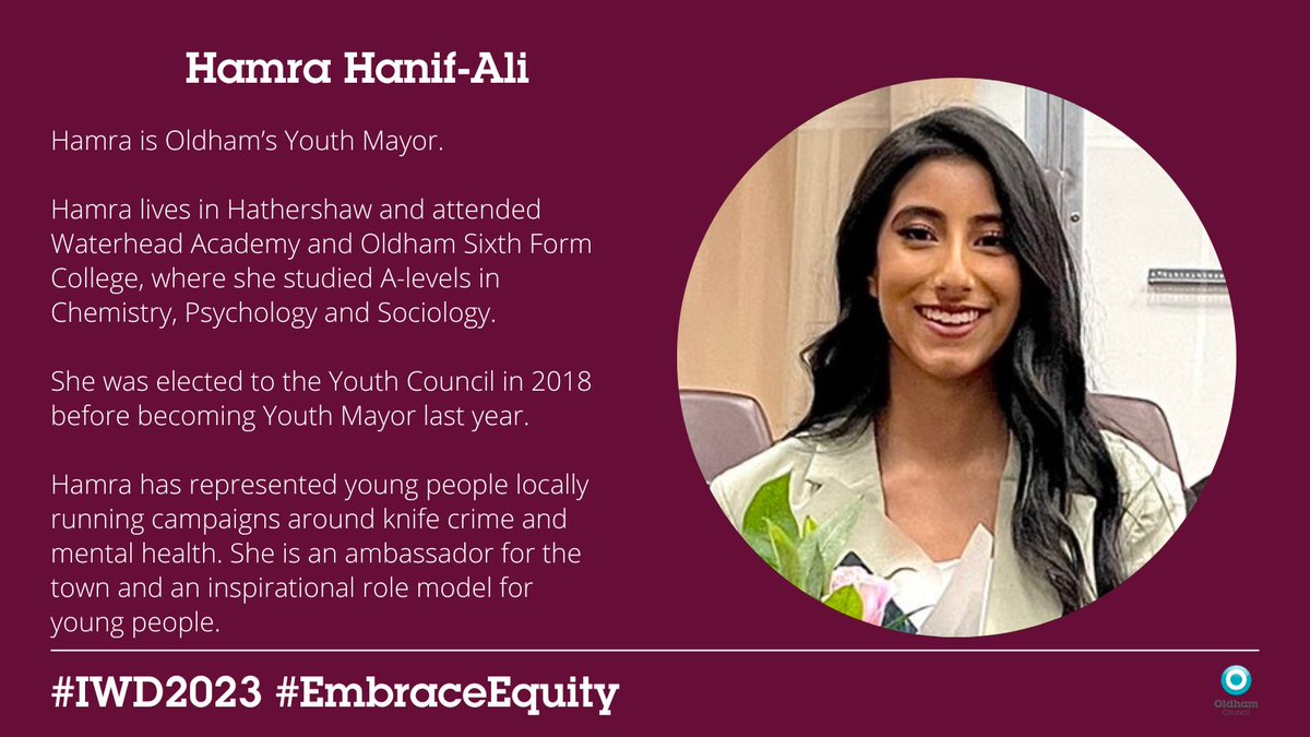OldhamCouncil's tweet photo. Hamra Hanif-Ali is Oldham’s Youth Mayor.

@HamraHanifAli has represented young people locally, running campaigns on knife crime and mental health. She is an ambassador for the town and an inspirational role model for young people.

#InternationalWomensDay #IWD2023 #EmbraceEquity https://t.co/qB30Wn5dLh