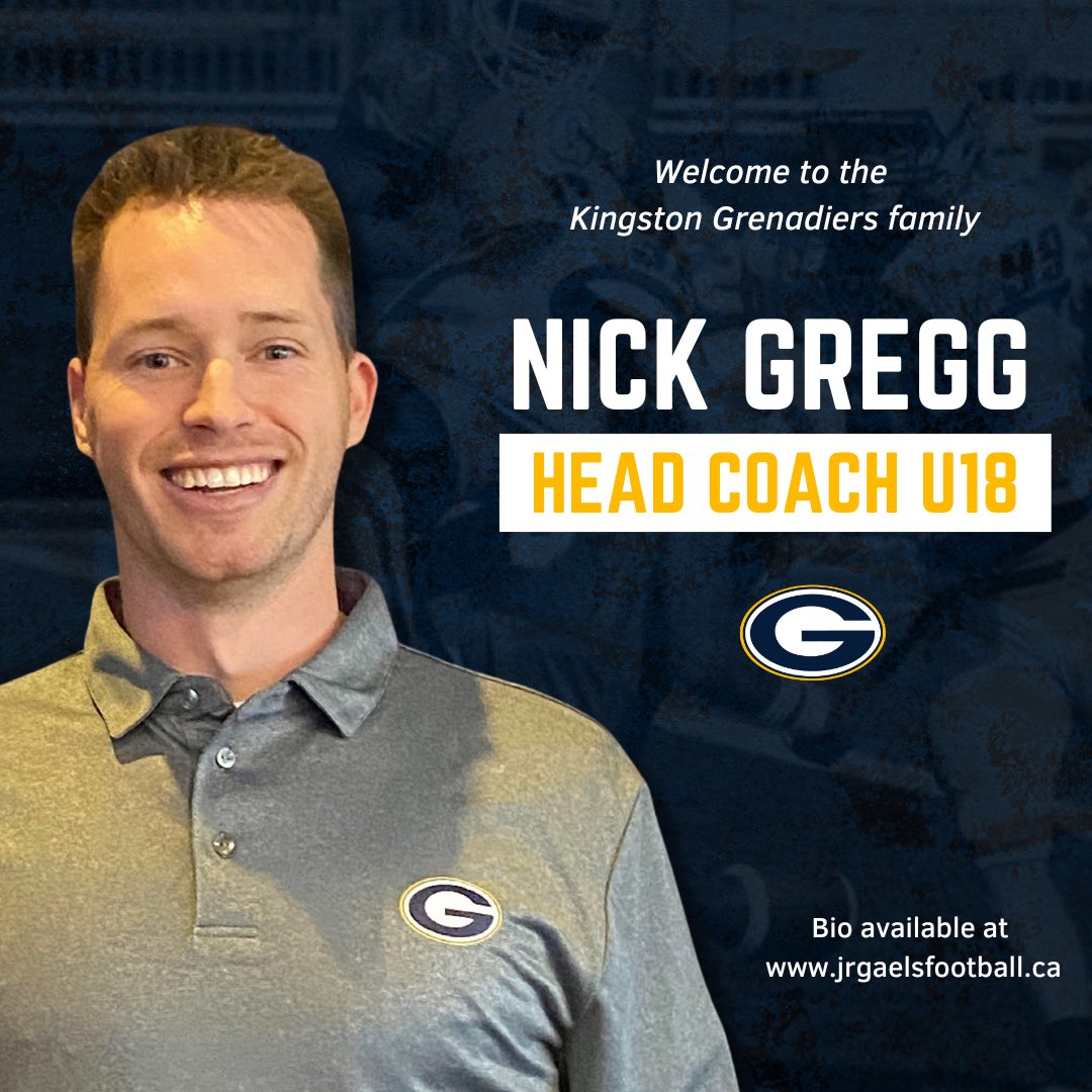 GrensFootball's tweet photo. Meet the Kingston Grenadiers Football head coaches for the upcoming 2023 season for the U18 and U16 teams. Congratulations to Nick Gregg (U18) and Cole Haggar (U16) and welcome to the family! Find out more about Coach Gregg and Coach Haggar at https://t.co/KcIlxwxKz3 https://t.co/egj0RaMF0A