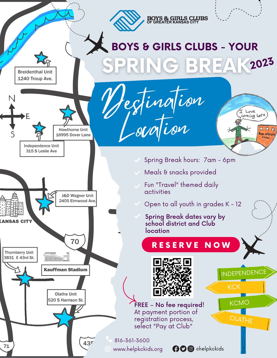HelpKCKids's tweet photo. Spring Break at the Clubs for FREE! *Meals &amp; Snacks, * Travel-Themed Activities * Fields Trips * and More! See flyer for details. Click to register https://t.co/hKuiOPgRws
#SpringBreak #DestinationLocation #helpkckids #greatfutures https://t.co/yuQ5Xqc21U
