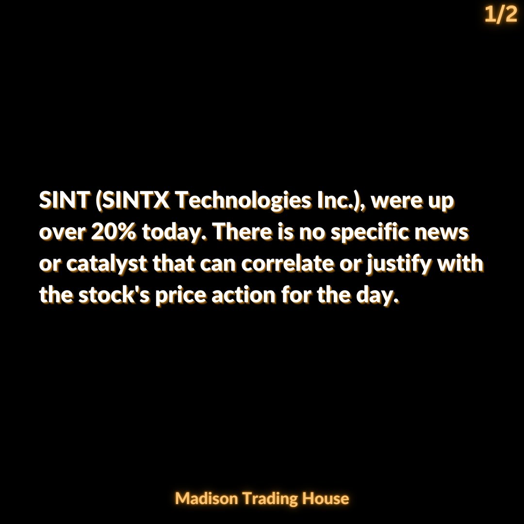 TradingMadison's tweet photo. Traders! SINTX Technologies Inc popped up on the radar inside our proprietary trading software today. There is no specific news or catalyst that can correlate or justify with the stock's price action for the day. #smallcaps #pennystocks #daytrading https://t.co/ONdppctmEz