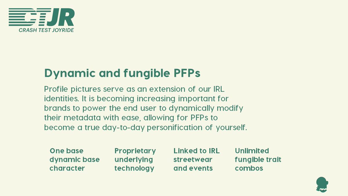 CrashTestJR's tweet image. The future of NFTs is dynamic and fungible. The team is working with developers on creating a new smart contract foundation for a future PFP drop that will feature swappable traits on your base character.