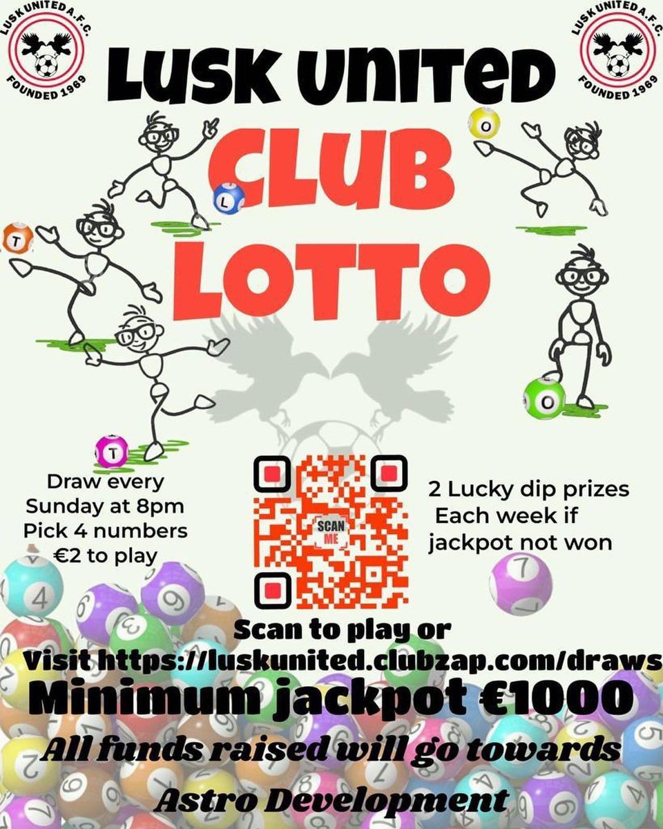 LuskUtd's tweet photo. Don’t forget - our club lotto is live and active and ready to be won ! Link to play in bio .
First draw on St Patrick’s Day. All funds raised will go towards the development of Astro facilities https://t.co/BbJWm9yPVD