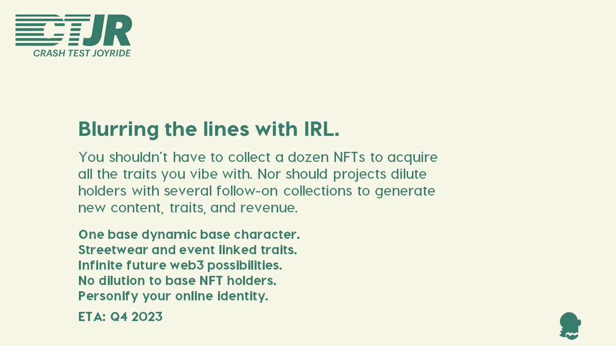 CrashTestJR's tweet image. Our goal is to further blur the lines between IRL and your web3 persona. We imagine an ecosystem where you can match your Joyrider&apos;s traits to what you&apos;re wearing IRL from our clothing drops along with event-linked traits.