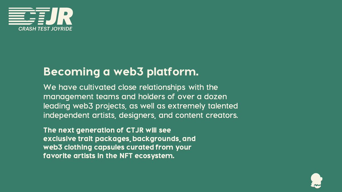 CrashTestJR's tweet image. We are becoming a web3 platform first and foremost. By leveraging out dynamic NFT technology, we plan on bringing in partner artists and designers to create web3 exclusive trait packages over time to use on your Joyriders.