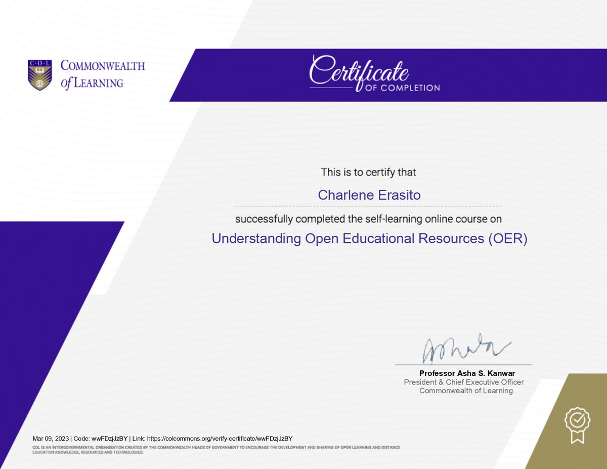 charleneerasito's tweet photo. Happy to share that I've completed the #CoL free course on #UnderstandingOERs. Learned so much from this course and highly recommend others make use of these free online micro-courses by #CommonwealthofLearning at https://t.co/1F71H48q8C
#ED403_2023 #PGCTT https://t.co/hWj5YwyImK