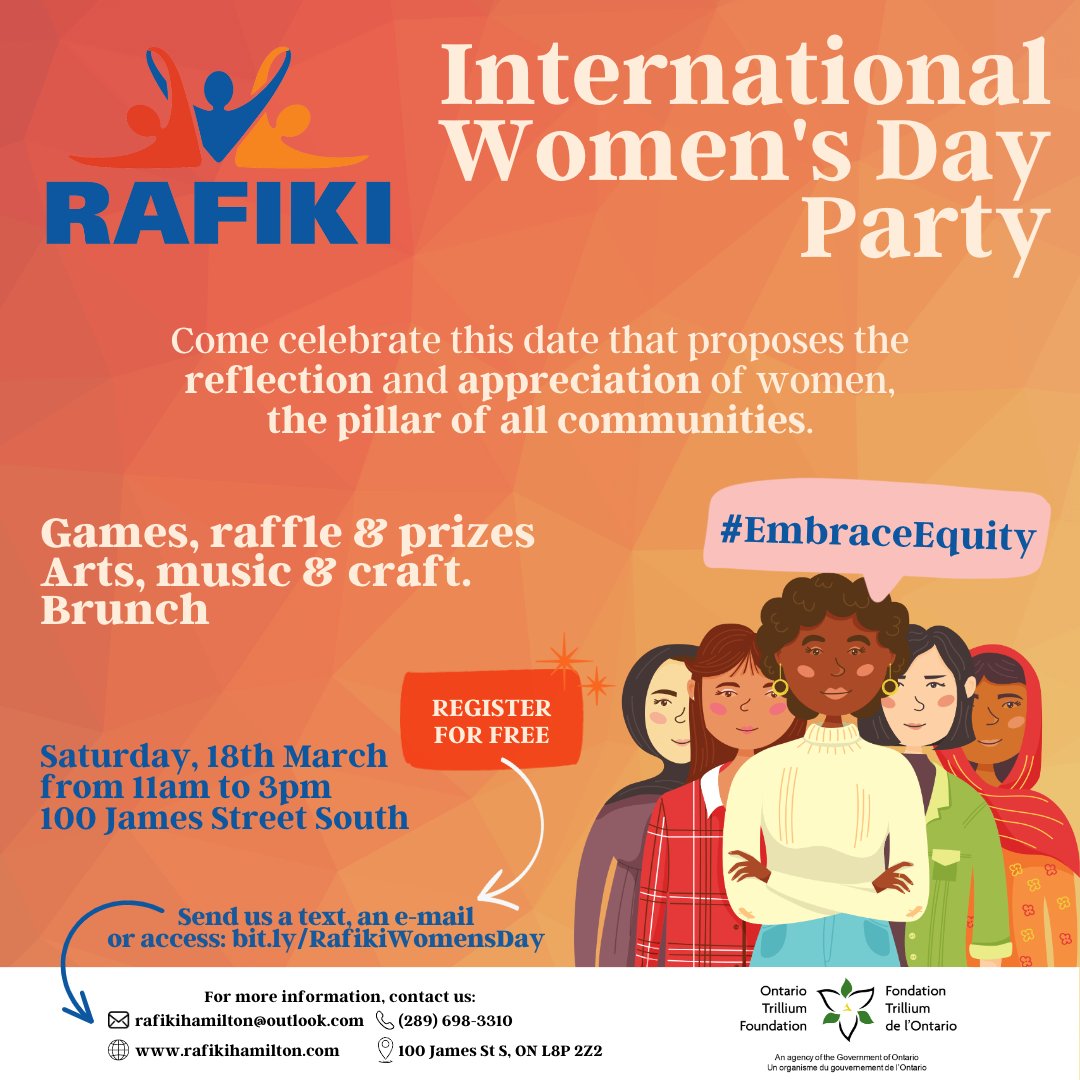 In honor of International Women's Day, Rafiki will host a community party exclusively for women in the Hamilton &amp; Niagara Regions.
Rafiki cordially invites women &amp; girls of all ages &amp; backgrounds to this free event. 
Register for free: bit.ly/RafikiWomensDay
#EmbraceEquity
