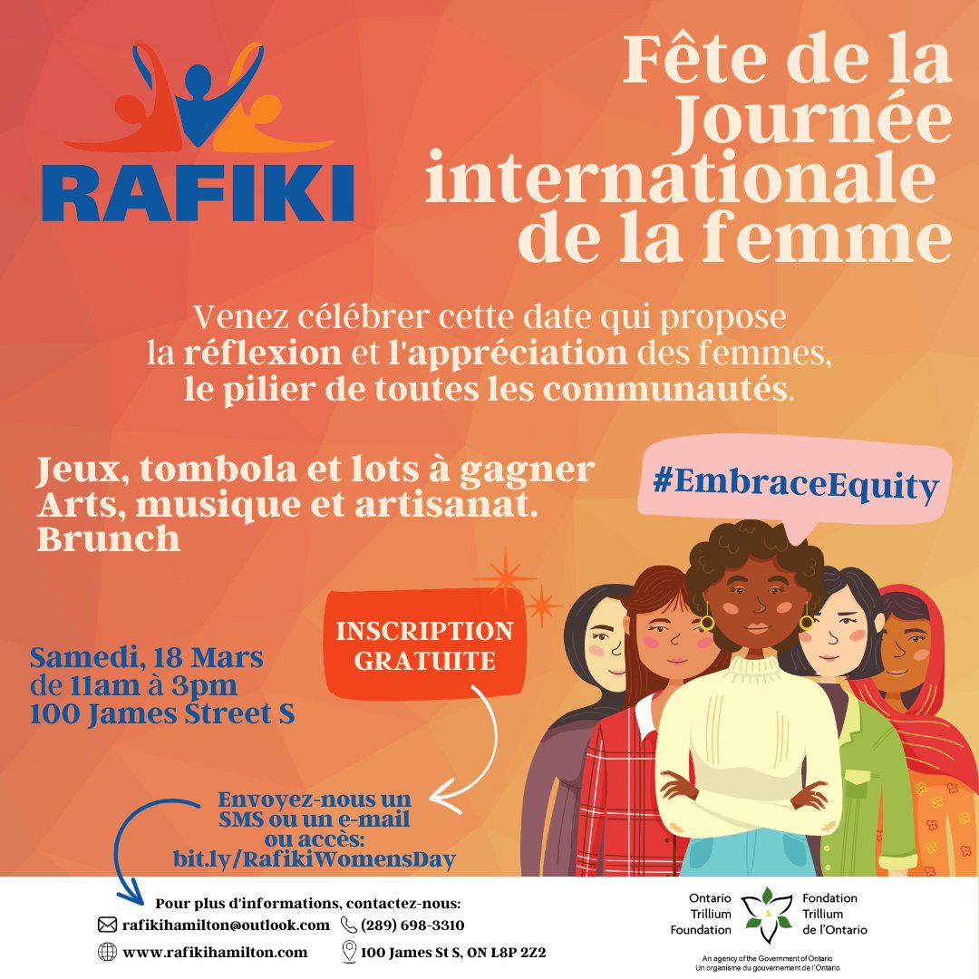 En l'honneur de la Journée internationale de la femme, Rafiki Hamilton organisera une fête communautaire exclusivement pour les femmes des régions de Hamilton et de Niagara.
inscrivez-vous gratuitement sur le lien suivant: bit.ly/RafikiWomensDay
#EmbraceEquity