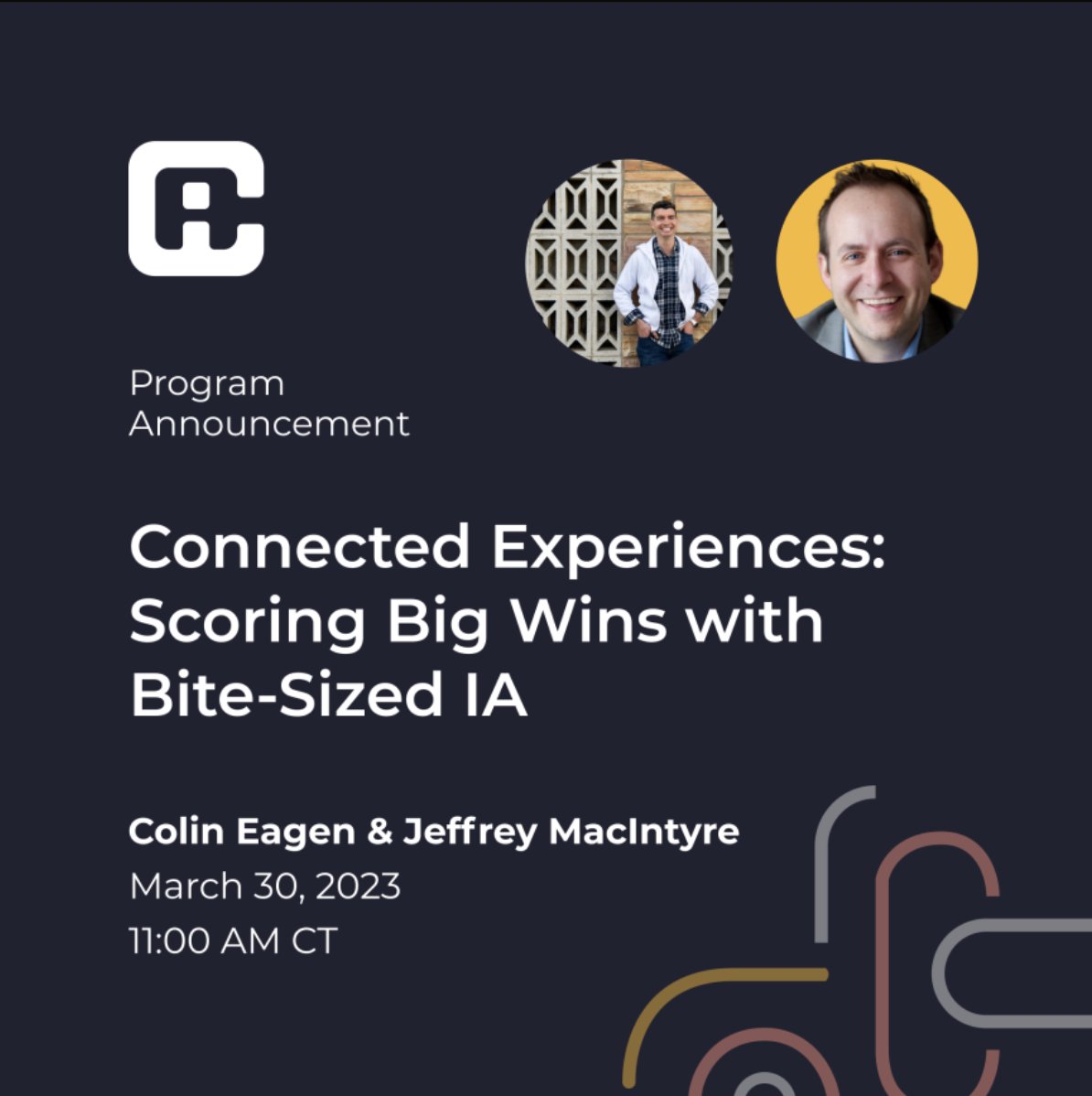 Looking for success in the IA for AI? <a href="/ColinEags/">User Experience</a> and <a href="/jeffmacintyre/">Jeffrey MacIntyre 🎯</a> will show you how to score big wins with bite-sized interactions that can automate connected experiences #IAC23 

Register here: ow.ly/ZH9850NcBH7

#IA #AI