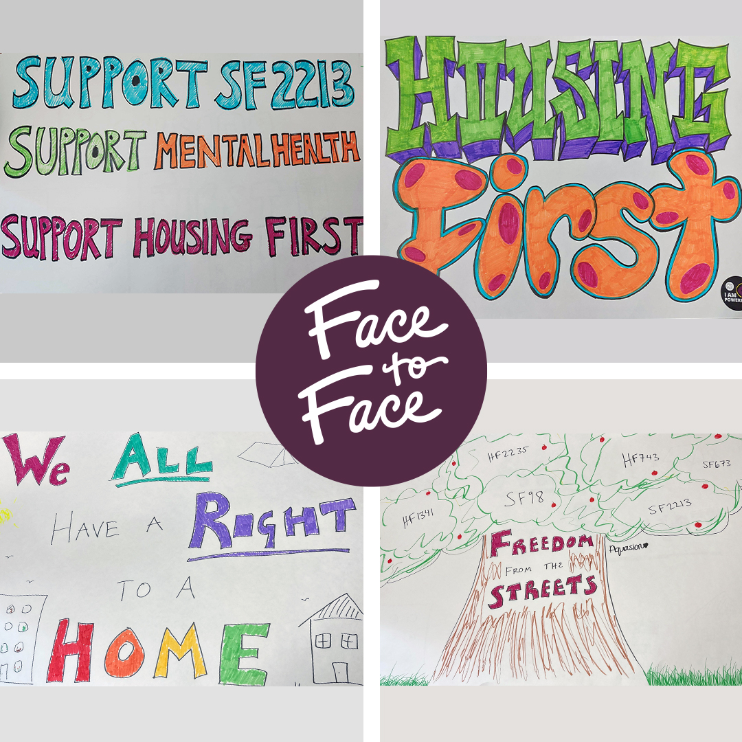face2faceorg's tweet photo. #Face2Face youth created posters for #HomelessDayOnTheHill at the #MinnesotaStateCapitol today. Give us a ❤️ to show youth you’re with them today. Thank you @MNHomelessCo for organizing today’s event. #MCHDOTH #HousingFirst #FreedomFromTheStreets https://t.co/CzEs9eOvwd