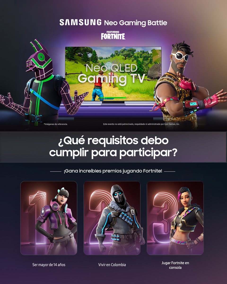 Participar en el #SamsungNeoGamingBattle es muy fácil 🤩

¡Revela tu destreza en Fortnite y compite por increíbles premios! 🎮🏆

Regístrate en el siguiente enlace: bit.ly/3Zztoj5 💻

#SamsungxLVP #NeoQledGamingTV #DanGanasDeJugar