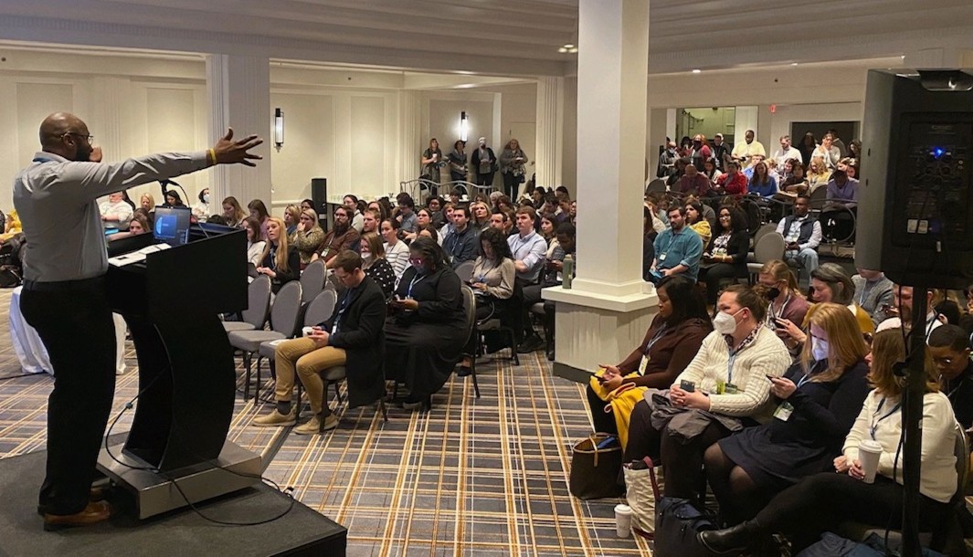 Carlton Jones, conference co-chair, leads the Maximize Your Membership and Maximize Your Conference Experience session at the kickoff event at the NACADA Region 1 Conference. More than 550 advising professionals are gathering in Boston this week for #wickedrevolutionaryadvising!