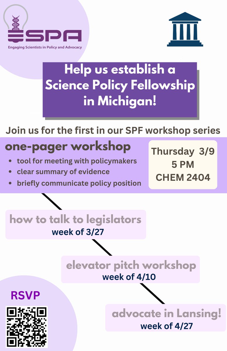 ESPA: Engaging Scientists in Policy & Advocacy (@espaumich) on Twitter photo Interested in helping us pitch a Michigan Science Policy Fellowship? Join us tomorrow for our first workshop on writing one-pagers!
This workshop is part of a series leading up to a trip to Lansing this spring. 
RSVP here: docs.google.com/forms/d/e/1FAI… Interested in helping us pitch a Michigan Science Policy Fellowship? Join us tomorrow for our first workshop on writing one-pagers!
This workshop is part of a series leading up to a trip to Lansing this spring. 
RSVP here: docs.google.com/forms/d/e/1FAI…